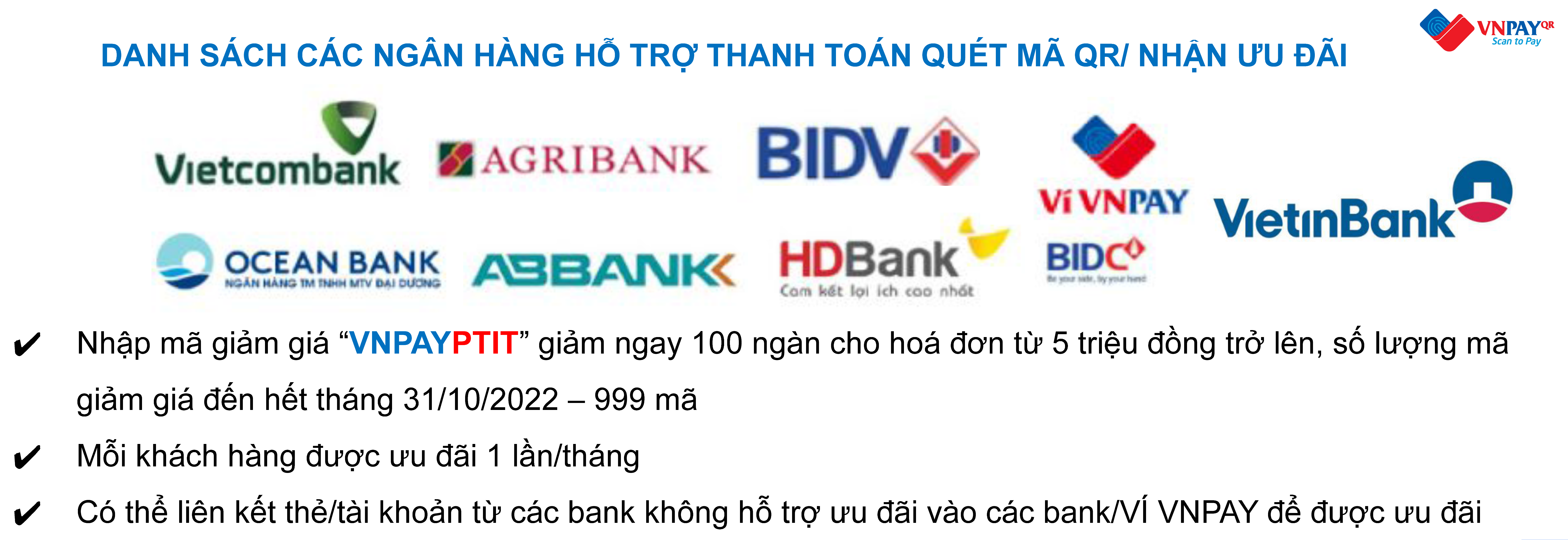 Danh sách ngân hàng ưu đãi cho khách hàng thanh toán quét mã QR
